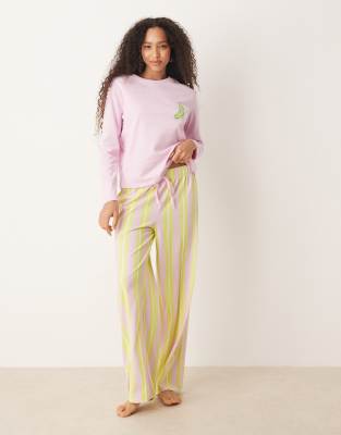 ASOS DESIGN - Pyjama mit Essiggurken-Grafik, bestehend aus langärmligem Oversize-T-Shirt und Hose-Bunt