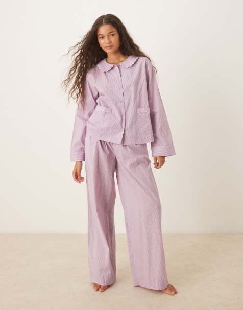 ASOS DESIGN - Pyjama rayé avec pantalon et chemise à bords festonnés - Rose - view 1