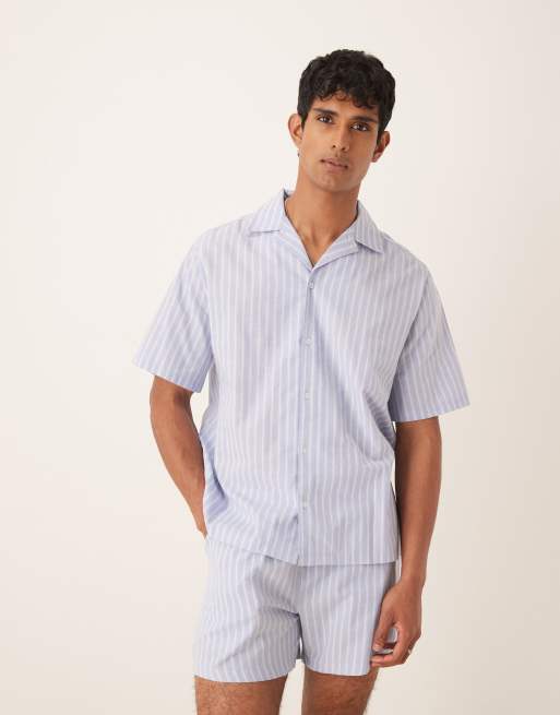 ASOS DESIGN – Pyjama-Set aus blauem Webstoff mit Streifen, 3 von 4
