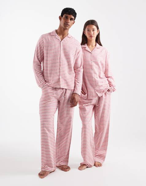 ASOS DESIGN pyjama set in red brushed stripe - view 1