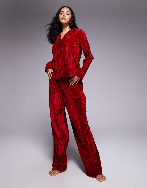 ASOS DESIGN – Pyjama-Set in Rot mit samtiger Struktur - view 1