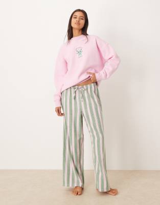 ASOS DESIGN - Pyjama-Set mit Logo-Sweatshirt aus Jersey und gewebter, gestreifter Hose in Rosa und Grün-Bunt