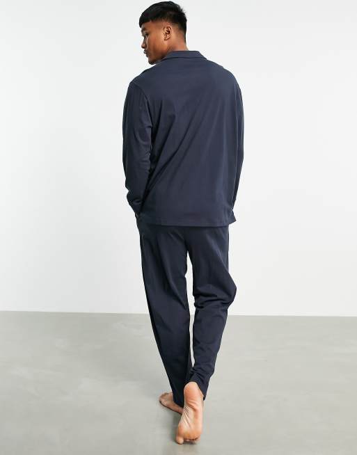 ASOS DESIGN pyjama set with long sleeve shirt and pants in navy jersey, 2 of 4