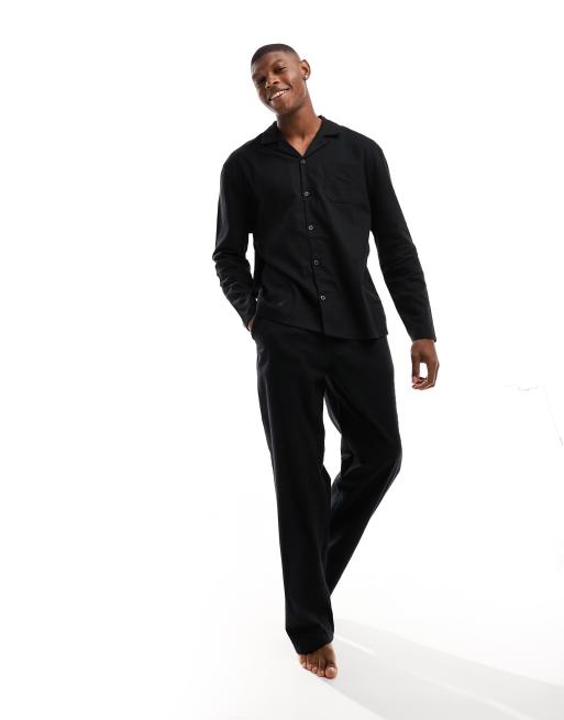 ASOS DESIGN pyjama set with long sleeve shirt and trousers in black flannel