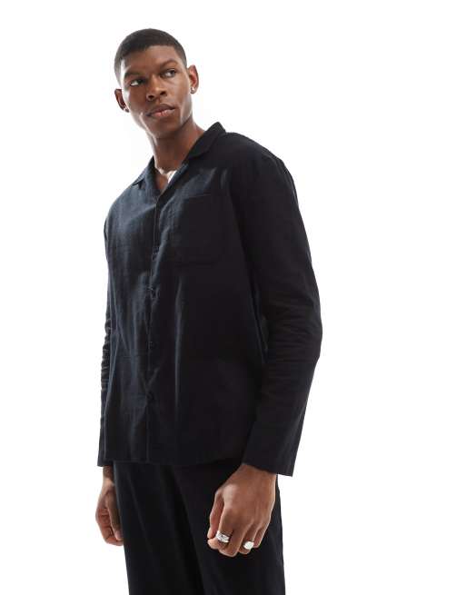 ASOS DESIGN pyjama set with long sleeve shirt and trousers in black flannel ASOS