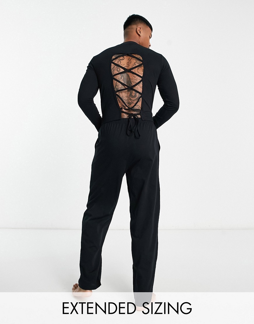 ASOS DESIGN pyjama set with long sleeve turtle neck top with tie back and trousers in black