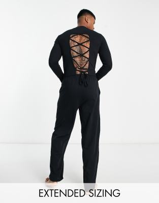 ASOS DESIGN pyjama set with long sleeve turtle neck top with tie back and  trousers in black