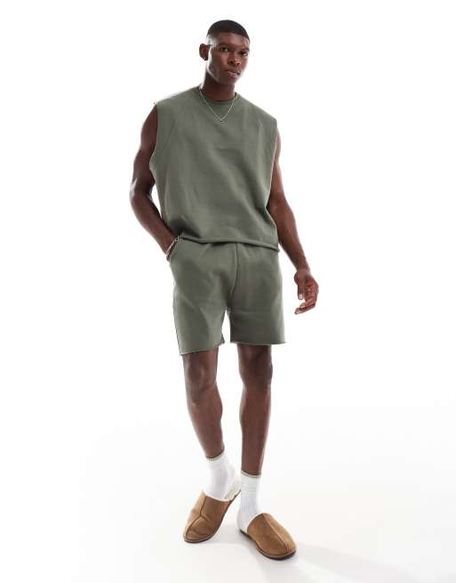 ASOS DESIGN pyjama set with raw hem singlet and shorts in charcoal