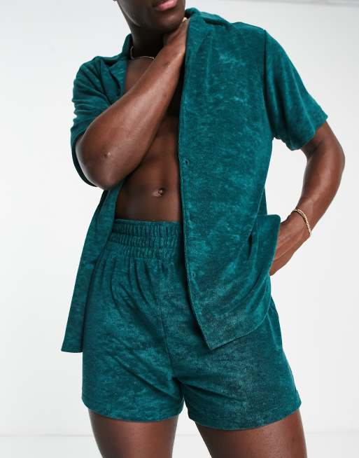 ASOS DESIGN pyjama set with short sleeve shirt and short in green towelling