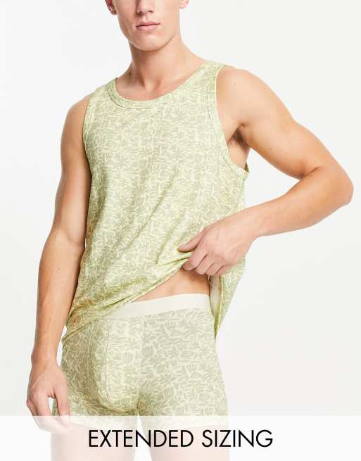 ASOS DESIGN pyjama set with singlet and trunks in beige tonal print