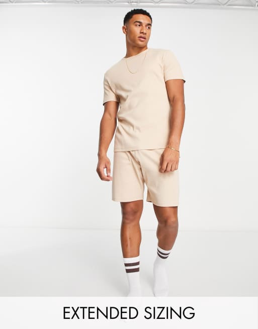 ASOS DESIGN pyjama set with t-shirt and shorts in beige rib