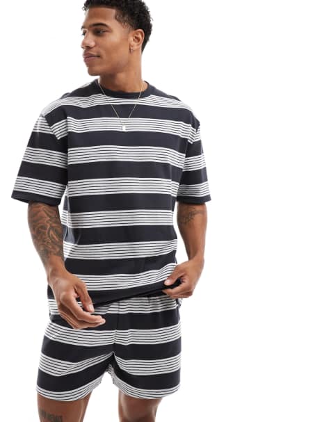 ASOS DESIGN pyjama set with t-shirt and shorts in black stripe - view 1