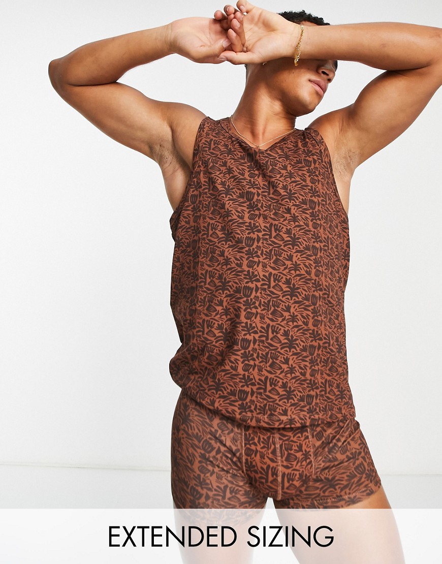 ASOS DESIGN pyjama set with vest and trunks in brown tonal print