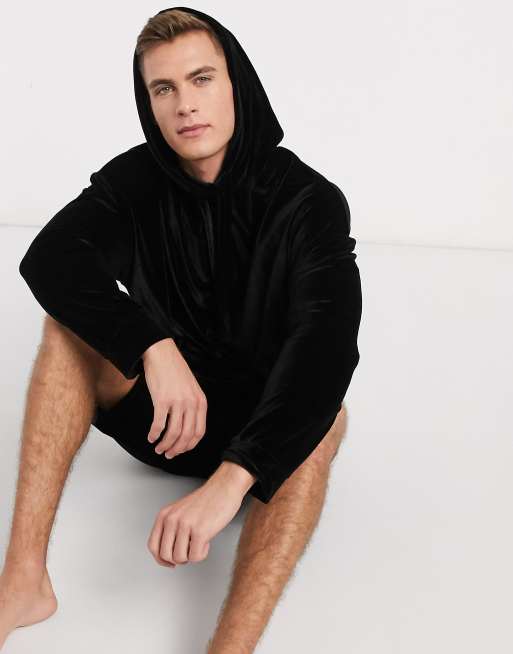 ASOS DESIGN pyjama short and oversized hoodie set in black velour