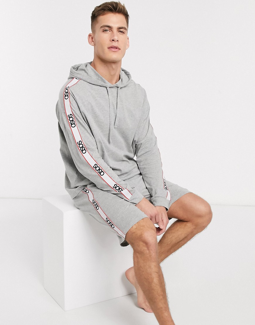 ASOS DESIGN pyjama short and oversized hoodie set in grey marl with branded taping