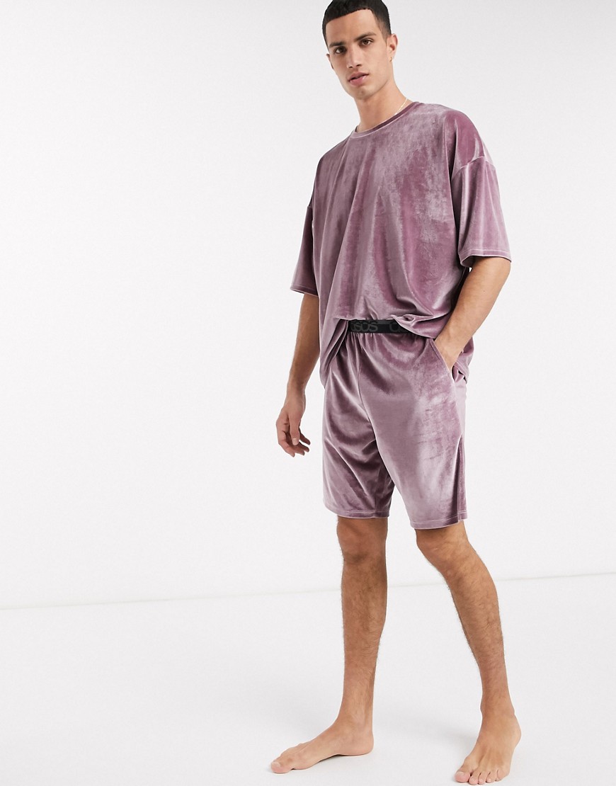 ASOS DESIGN pyjama short and oversized tshirt set in purple velour-Red