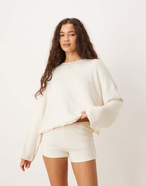 ASOS DESIGN - Pyjama shorts van zachte jersey met bloempje aan de rand in crème - view 1