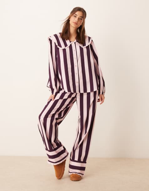 ASOS DESIGN pyjama top co ord in burgundy stripe - view 1