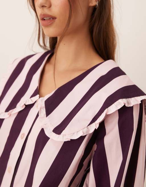 ASOS DESIGN pyjama top co ord in burgundy stripe, 3 of 4