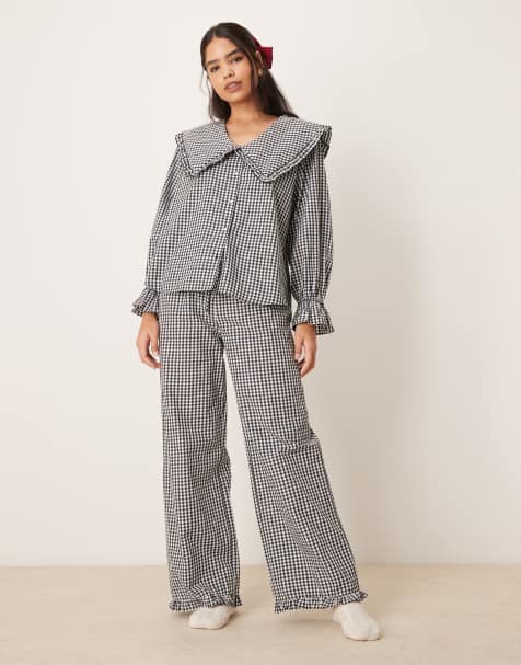 ASOS DESIGN pyjama wide leg frill hem trouser in black gingham co ord - view 1