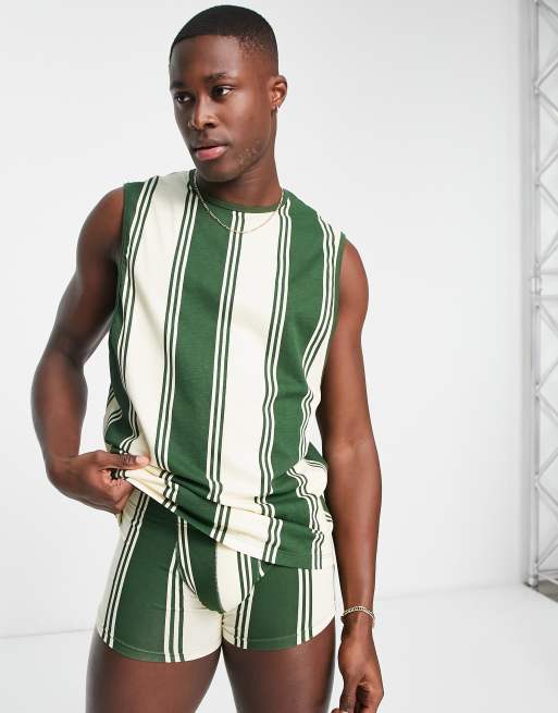 ASOS DESIGN - Pyjamaset met hemdje en boxershort in groene streep