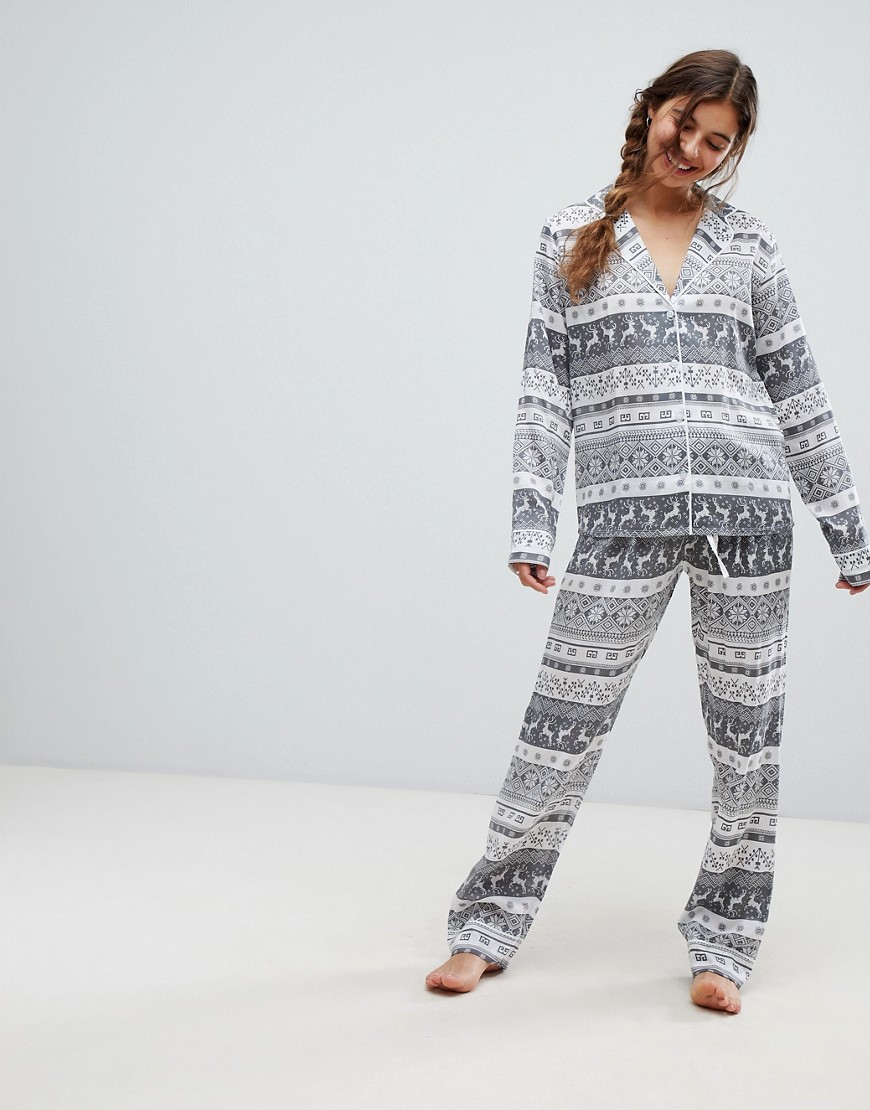 ASOS DESIGN - Pyjamaset met wijde pijpen in traditionele kerststijl van 100% modal-Multi