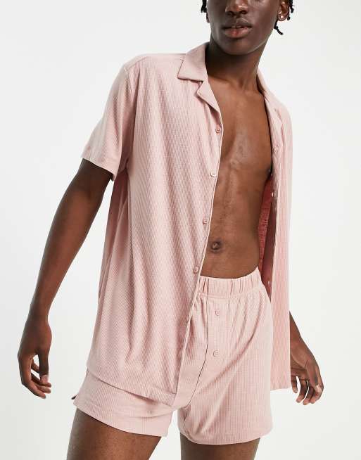 ASOS DESIGN - Pyjamaset van geribbeld overhemd en shorts in mauve