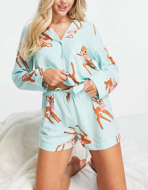 ASOS DESIGN - Pyjamaset van modal met overhemd en short met hertenprint in mintgroen