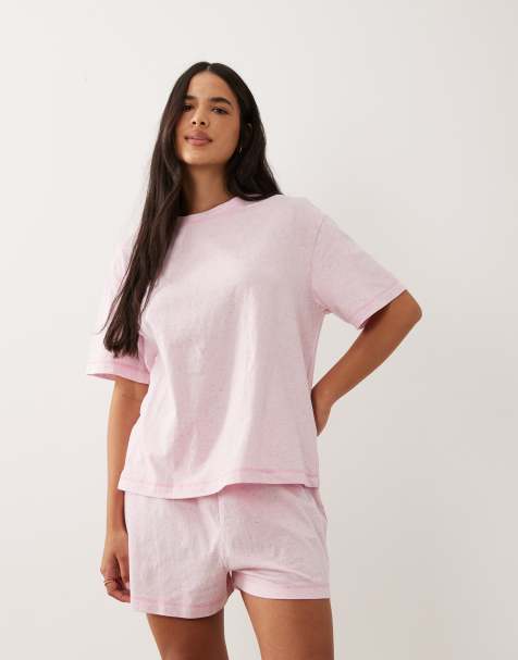 ASOS DESIGN - Pyjamaset van oversized T-shirt en short met contrasterende overlocksteek in gemêleerd roze - view 1