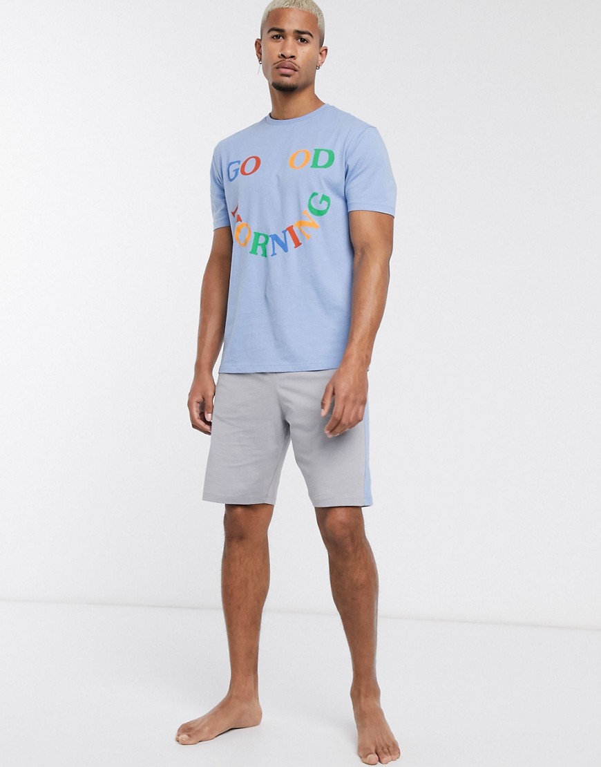 ASOS DESIGN - Pyjamashort en T-shirt met 'good morning'-slogan in gemêleerd grijs-Multi