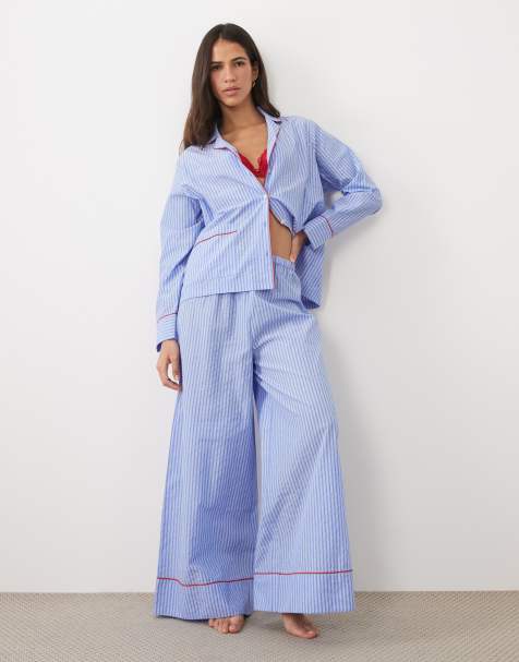 ASOS DESIGN pyjamasset i vävd bomull med långärmad skjorta och byxor med vida ben i blått randmönster - view 1