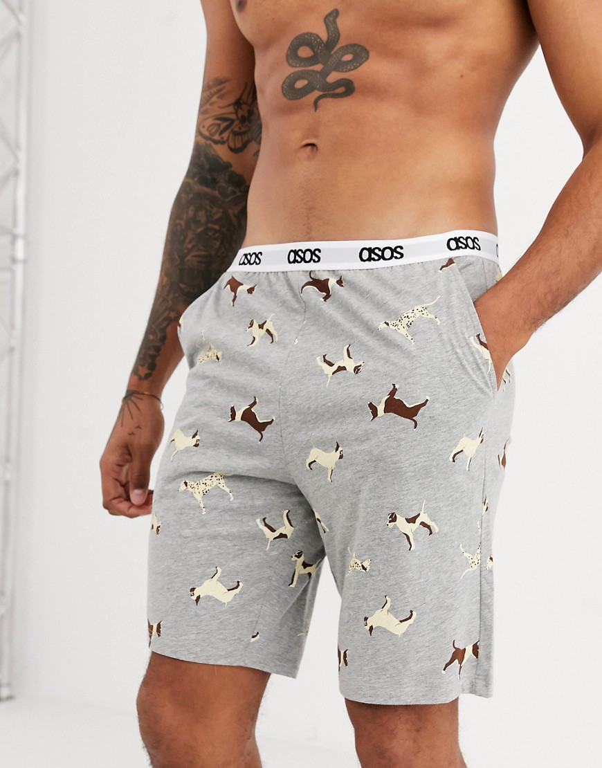 ASOS DESIGN – Pyjamasshorts med hundmönster-Grå