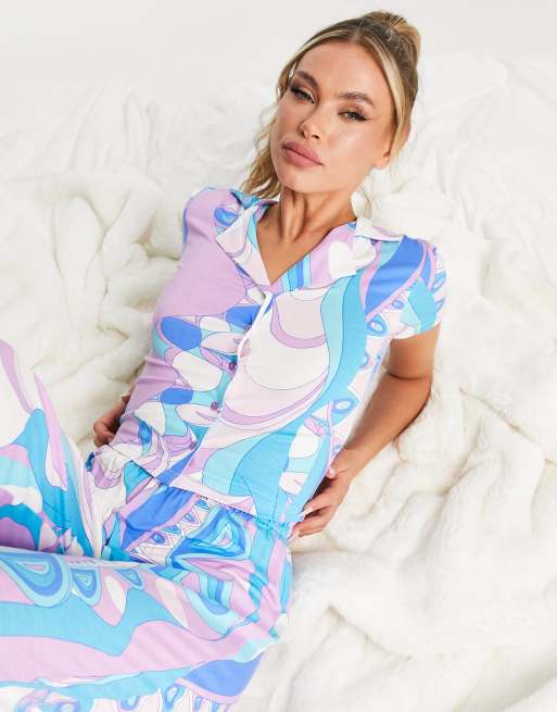 ASOS DESIGN - Pyjamassæt i lyslilla/blå viskose med skjorte og bukser med tørklædeprint, 4 af 4