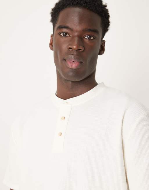 ASOS DESIGN - Pyjamassæt i marineblå/hvid med henley-hals og vaffeltekstur, 3 af 4