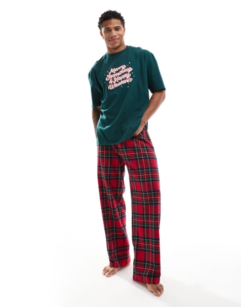 ASOS DESIGN - Pyjamassæt med bukser med røde tern og T-shirt med 'Whatever'-juleprint - view 1