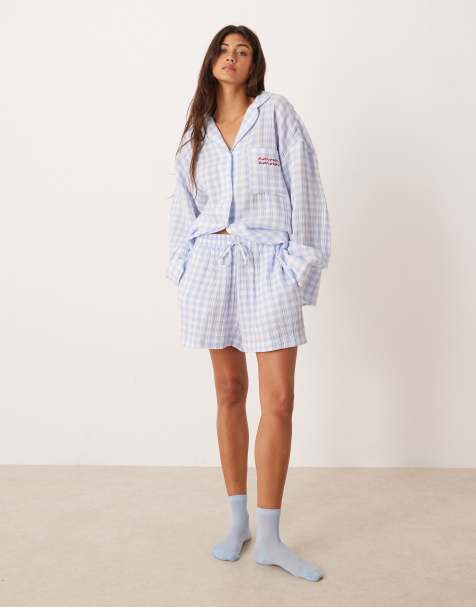 ASOS DESIGN - Pyjamassæt med langærmet skjorte og shorts med vide ben med blå gingham-tern i bomuldsgaze - view 1