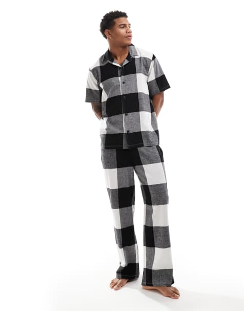ASOS DESIGN - Pyjamassæt med skjorte og bukser i sort tern - view 1