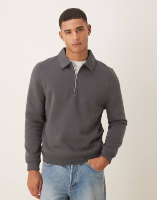Asos Design Quarter Zip Collared Sweatshirt In Gray