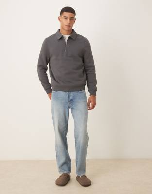 Asos Design Quarter Zip Collared Sweatshirt In Gray