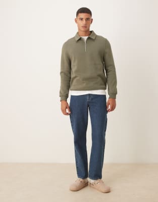 Asos Design Quarter Zip Collared Sweatshirt In Green