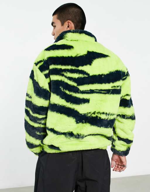 ASOS DESIGN quarter zip faux fur sweatshirt with green zebra