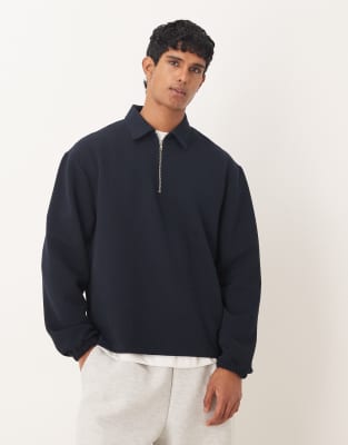 Asos Design Quarter Zip Herringbone Sweatshirt In Blue