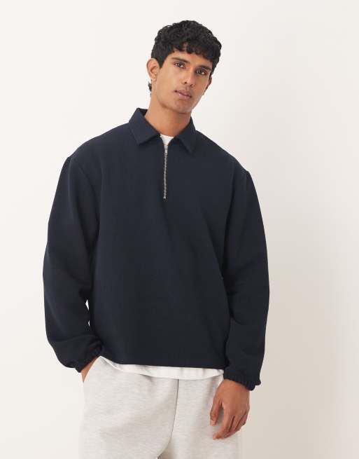 ASOS DESIGN quarter zip herringbone sweatshirt in navy