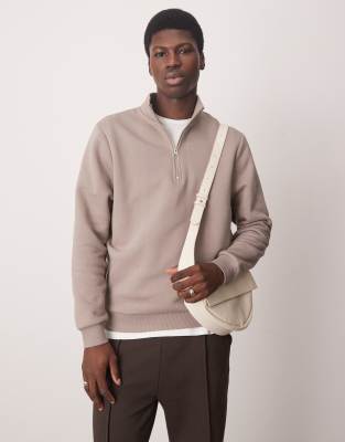 asos ASOS DESIGN quarter zip sweatshirt in brown