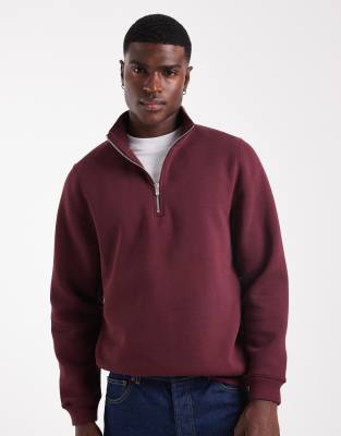 ASOS DESIGN quarter zip sweatshirt in burgundy-Red