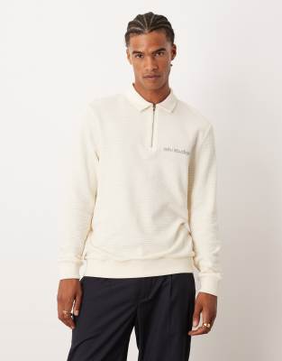 Asos Design Quarter Zip Sweatshirt With Collar And Chest Print In Neutral