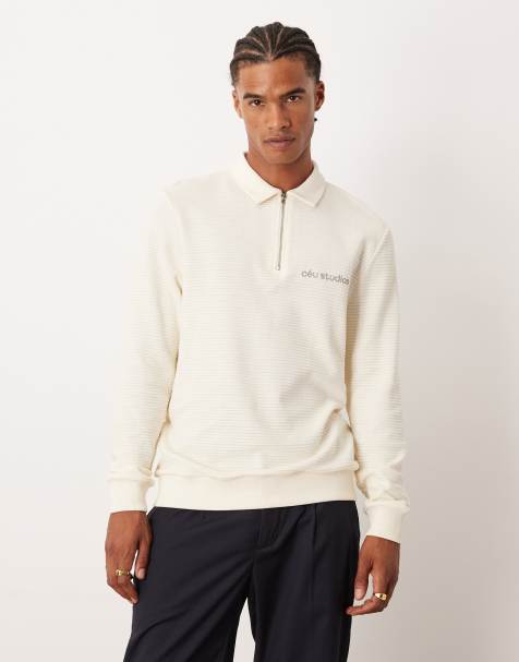 ASOS DESIGN quarter zip sweatshirt with collar and chest print in ecru - view 1