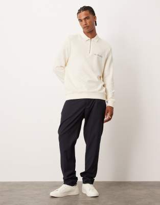 Asos Design Quarter Zip Sweatshirt With Collar And Chest Print In Neutral