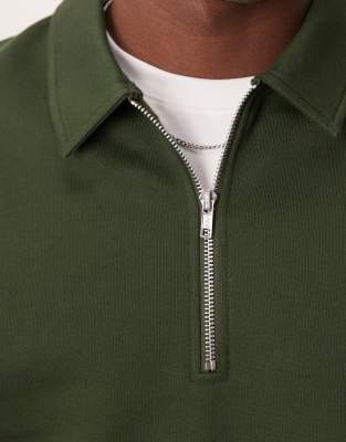 Asos Design Quarter Zip Sweatshirt With Collar In Green