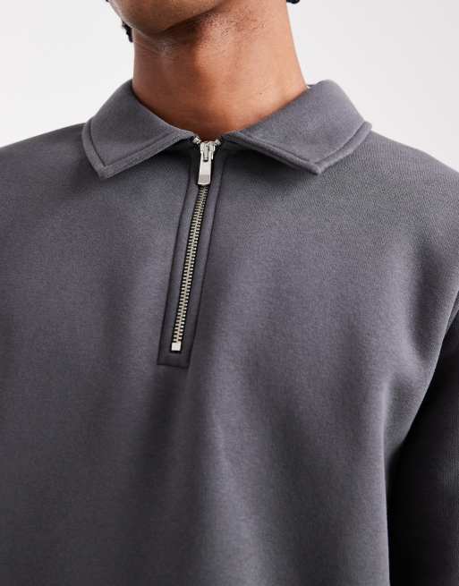 ASOS DESIGN quarter zip sweatshirt with collar in charcoal - part of a set